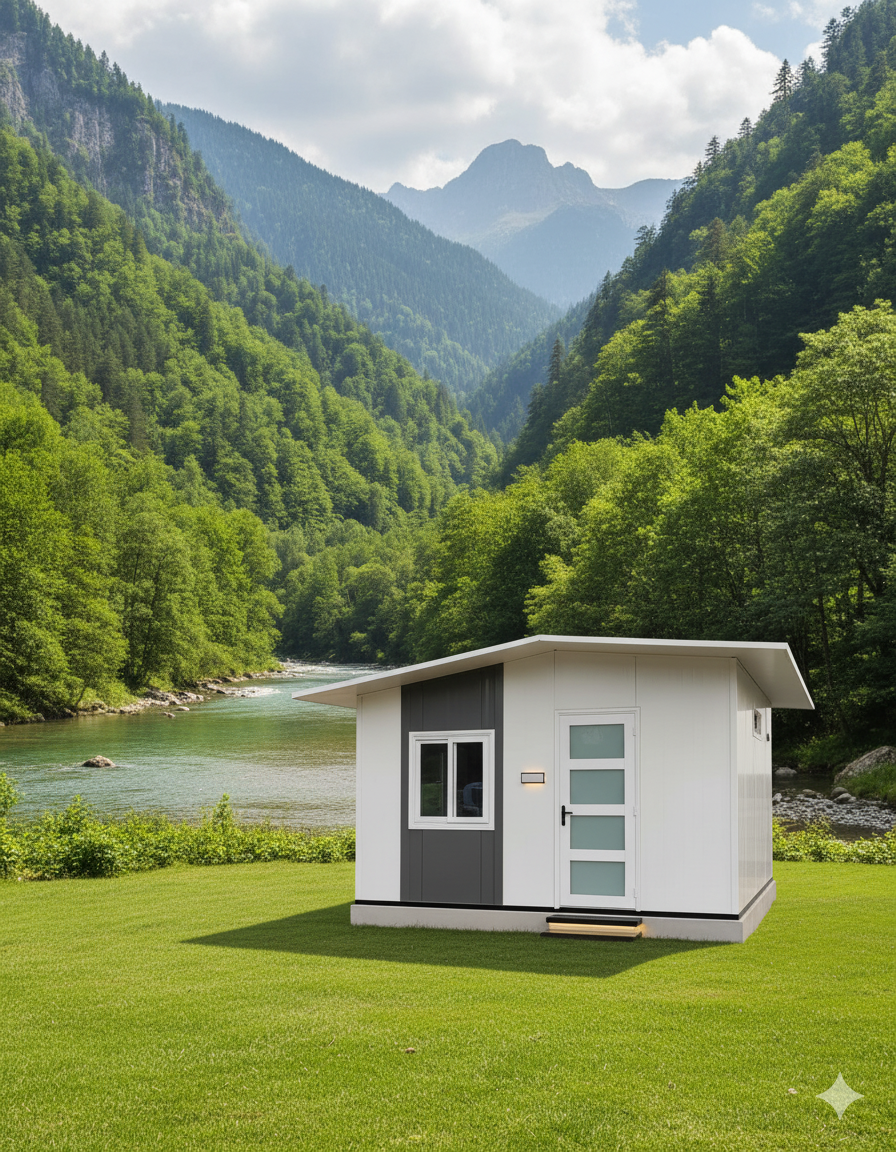 A prefabricated restaurant with outdoor seating and a welcoming facade.